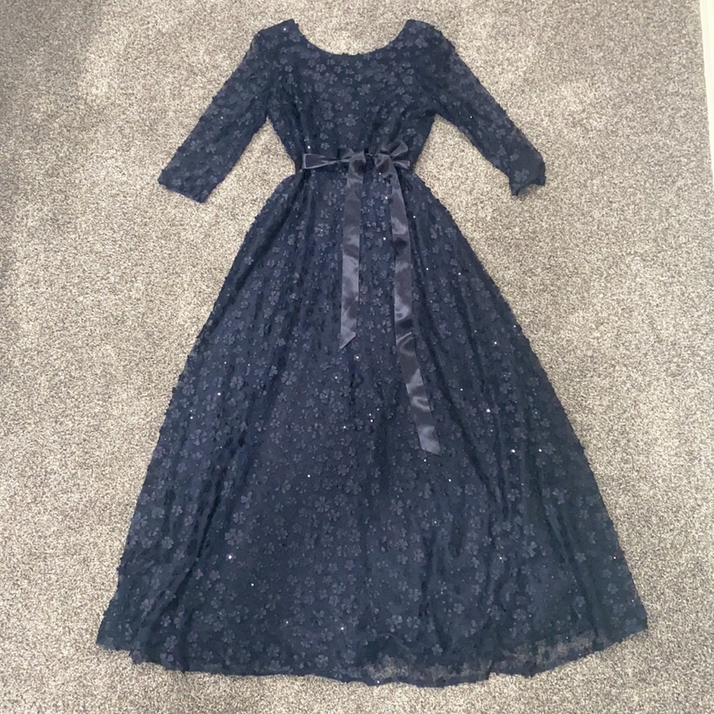 Tahari dark navy blue A-line gown